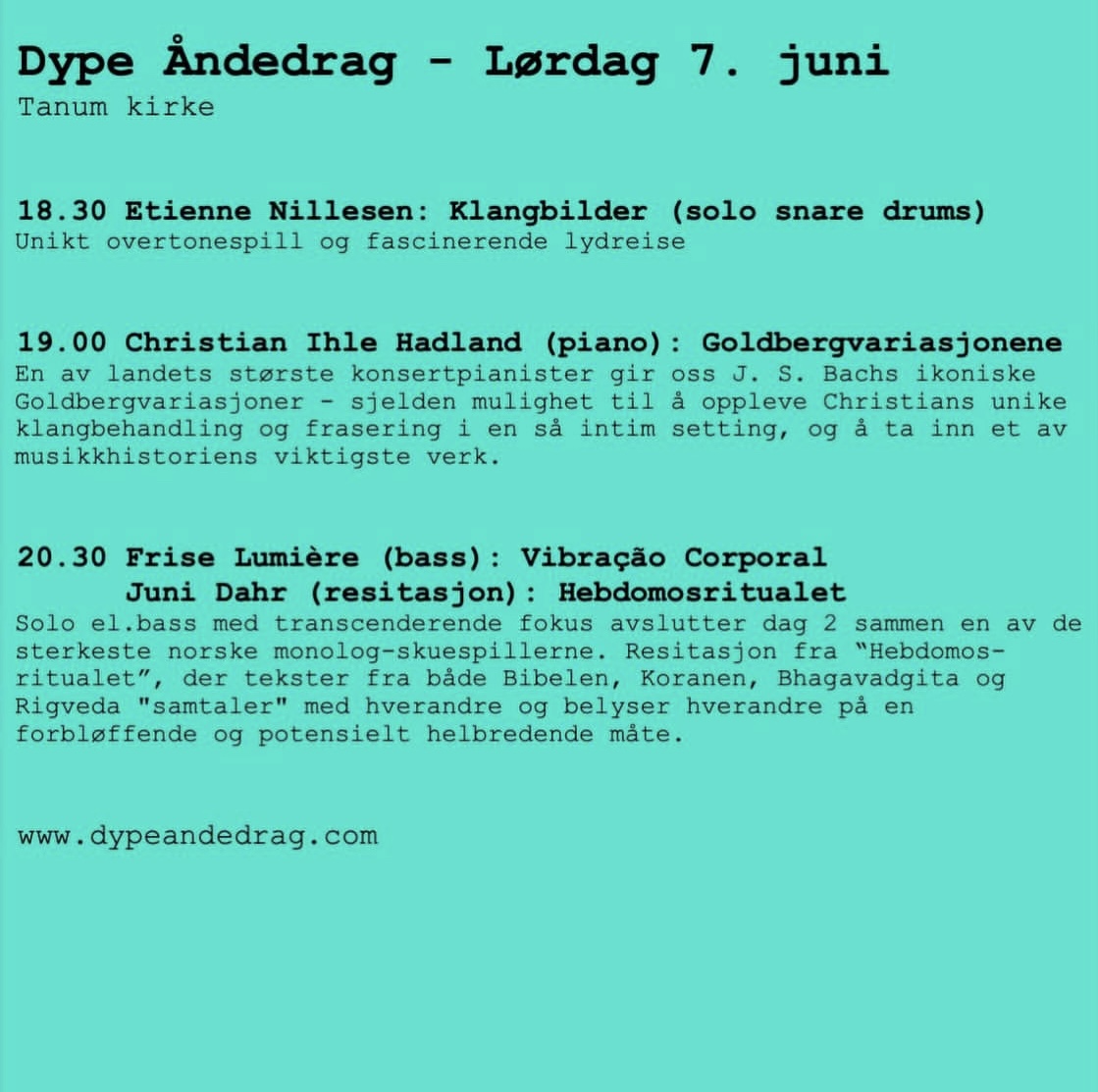 Dype Åndedrag Festival 2025 program featuring frise lumière and Juni Dahr at Tanum kirke